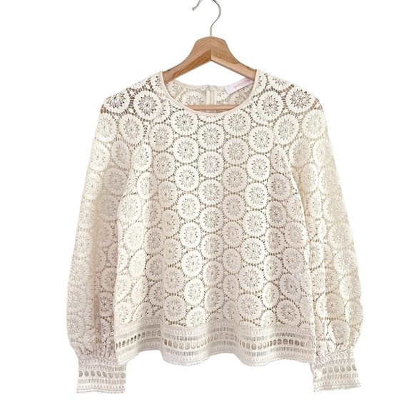 See By Chloe Crochet Lace Blouse Long Sleeve Openwork Top Crystal White Ivory XS - Picture 1 of 13